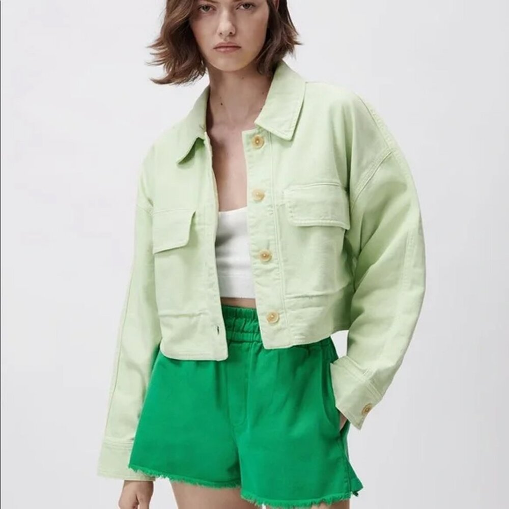 Zara Pastel Green Cropped Oversized Boxy Denim Jacket small - Picture 2 of 8